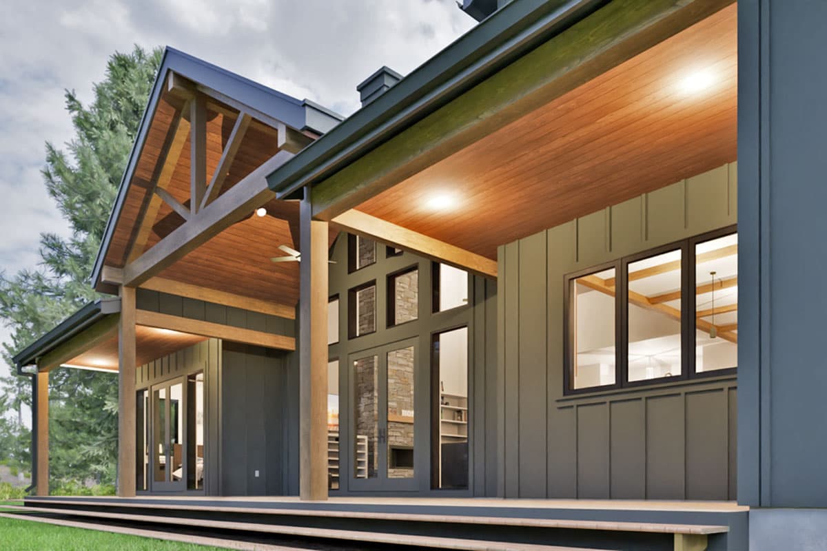 House plan exterior showing a Modern Farmhouse style with exposed wood beams, large windows, and a covered porch.