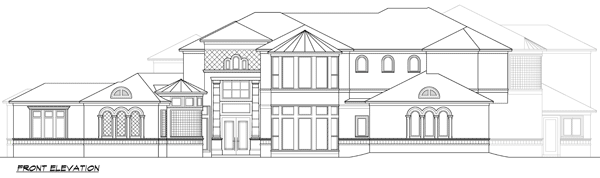 Front elevation drawing of a multi-story house with a prominent central entrance, bay windows, and arched detailing.