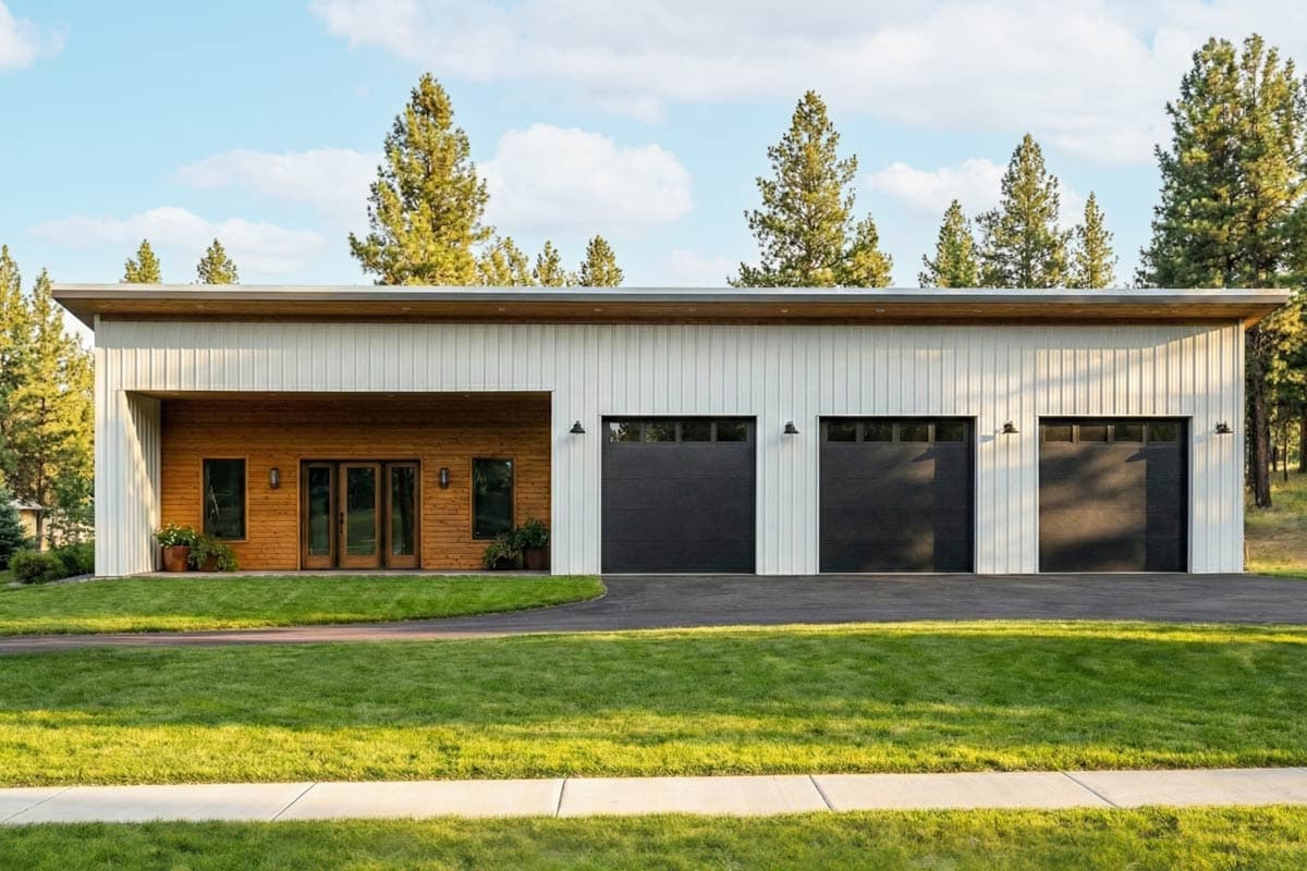 Modern house plan exterior with vertical siding, wood-paneled entrance, and three black garage doors.