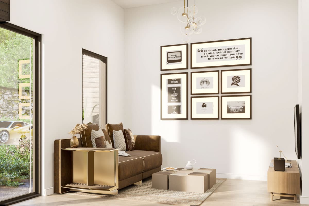 Living room with brown sofa, modern gold side table, modular coffee table, and wall art gallery.