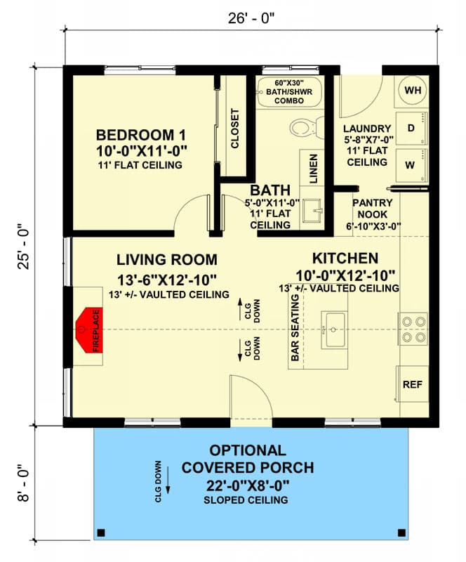 Plan 420173WNT: 1-Bed Cottage House Plan with Vaulted Living Space - 650 Sq Ft - Floor Plan - Main Level - Cabin, Cottage, Hill Country, Rustic
