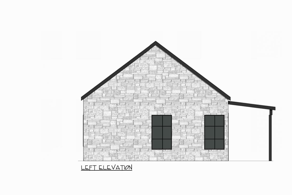 Left elevation of a house plan featuring stone veneer, a gable roof, and two windows.