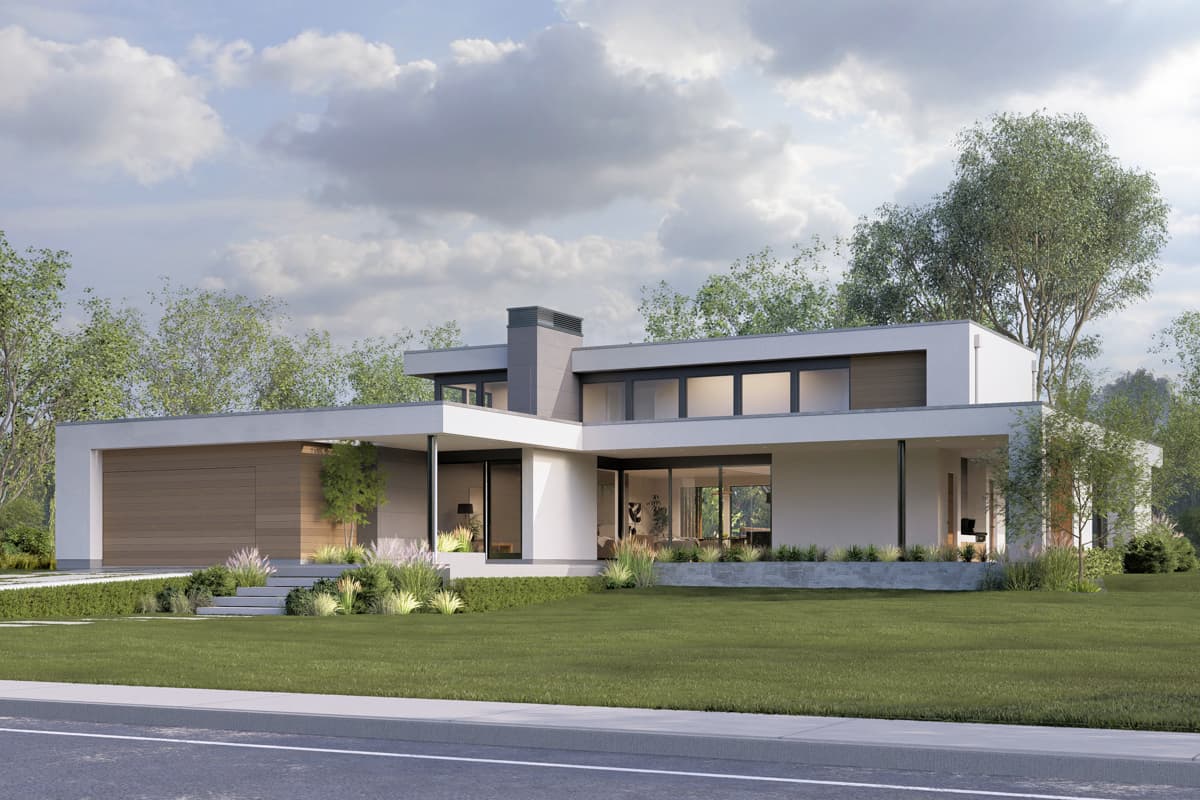 House plan exterior. Modern style, two-story home with flat rooflines, a covered porch, and a side-entry garage.