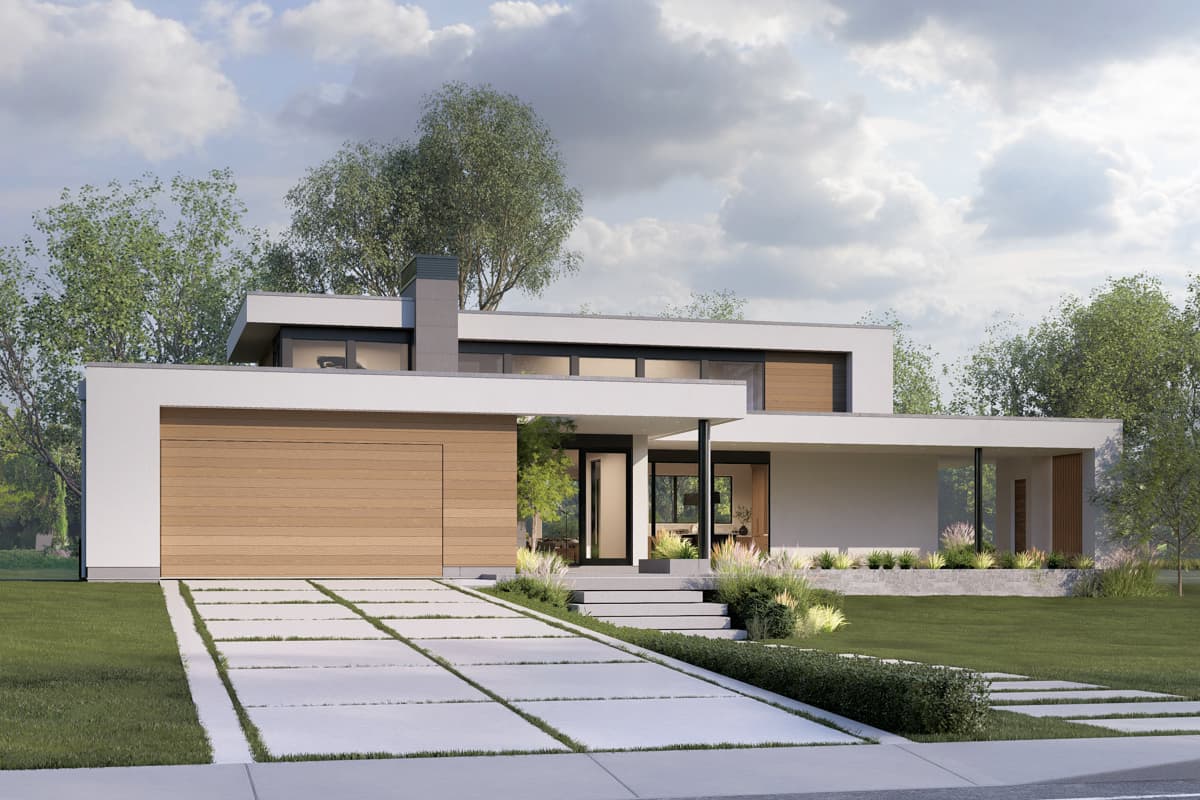 Modern house plan exterior with flat rooflines, wood garage door, prominent chimney, and cantilevered sections.