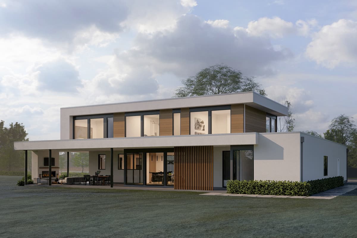 Modern house plan exterior with two stories, large windows, covered patio with fireplace, and wood siding accents.