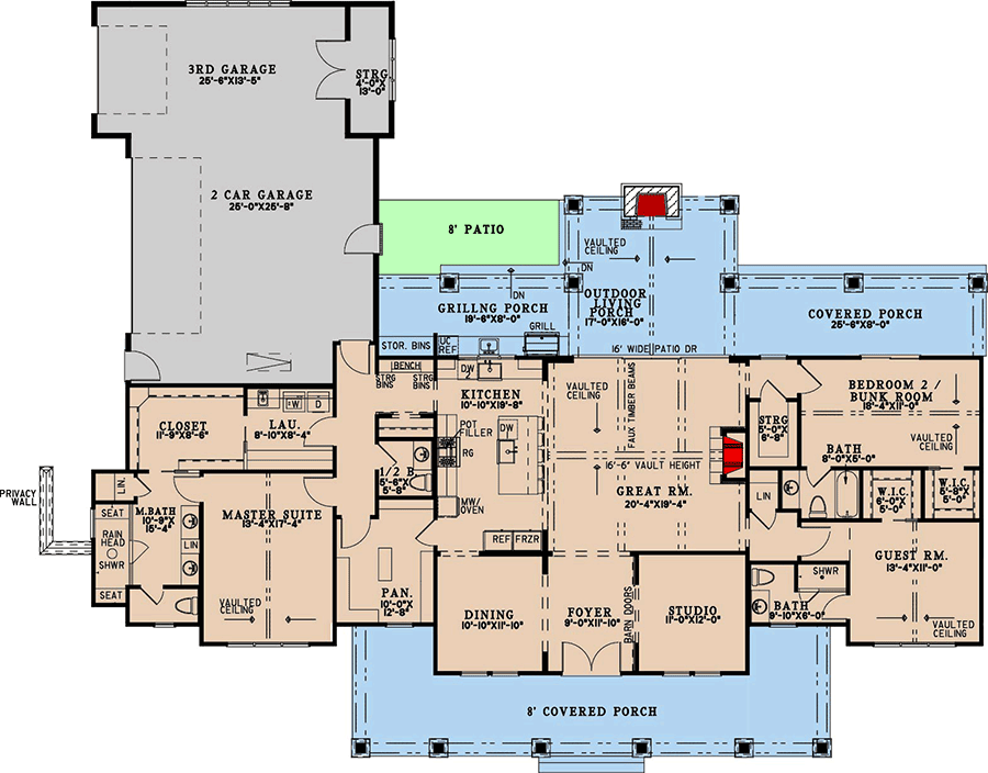 Plan 70890MK: 3-Bed Modern Farmhouse Plan with Main Level Master and Bunk Room - 2650 Sq Ft - Floor Plan - Main Level - Country, Farmhouse, Modern Farmhouse, New American