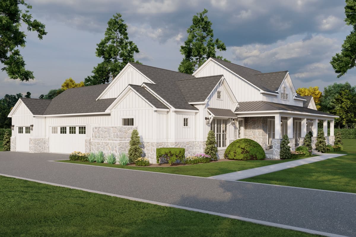 House plan exterior: Modern Farmhouse, two stories, white board and batten siding, stone accents, covered front porch, and a three-car garage.