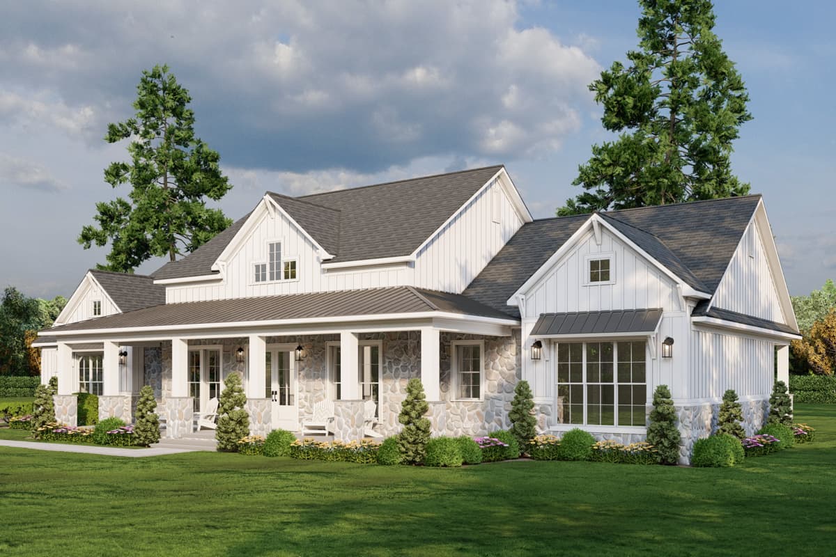 Modern Farmhouse house plan exterior with wraparound porch, stone accents, board and batten siding, and prominent gables.