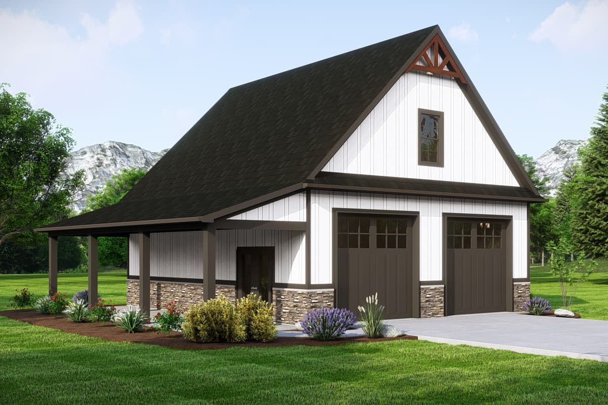 House plan exterior with Craftsman-style elements. Features a two-car garage, porch, and gabled roofline. Includes vertical siding and stone accents.