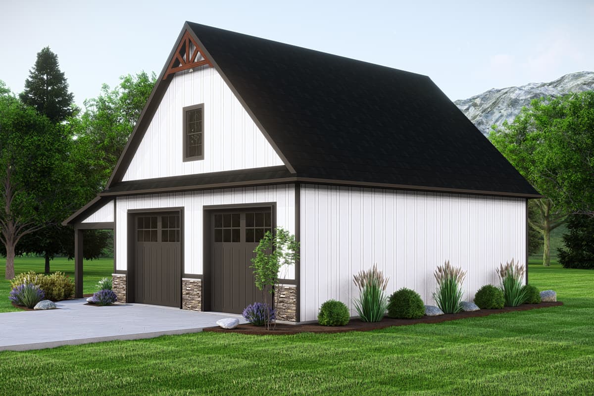 Modern Farmhouse style house plan exterior with two garage doors, board and batten siding, and a prominent gable with exposed rafter tails.