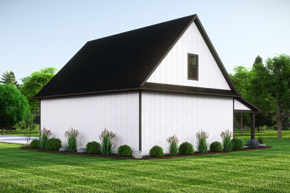 House plan exterior of a modern farmhouse style, two-story home with white vertical siding, black roof, and gabled dormer.