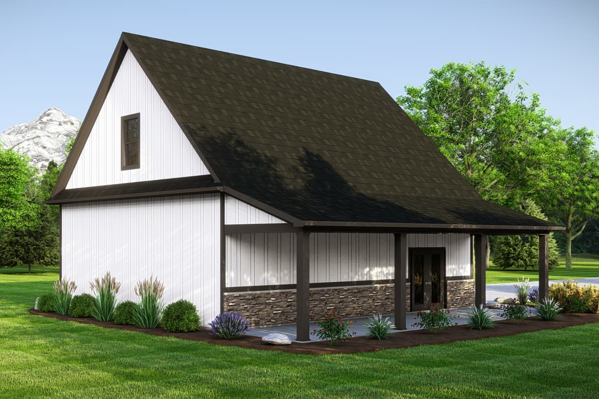 Modern Farmhouse house plan exterior, 1.5 stories, white vertical siding, stone wainscoting, and covered front porch.