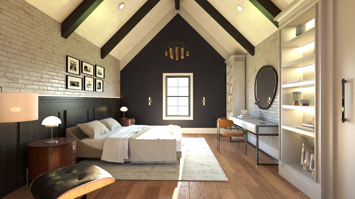 Bedroom rendering with vaulted ceiling, exposed beams, brick accent wall, king bed, and desk.