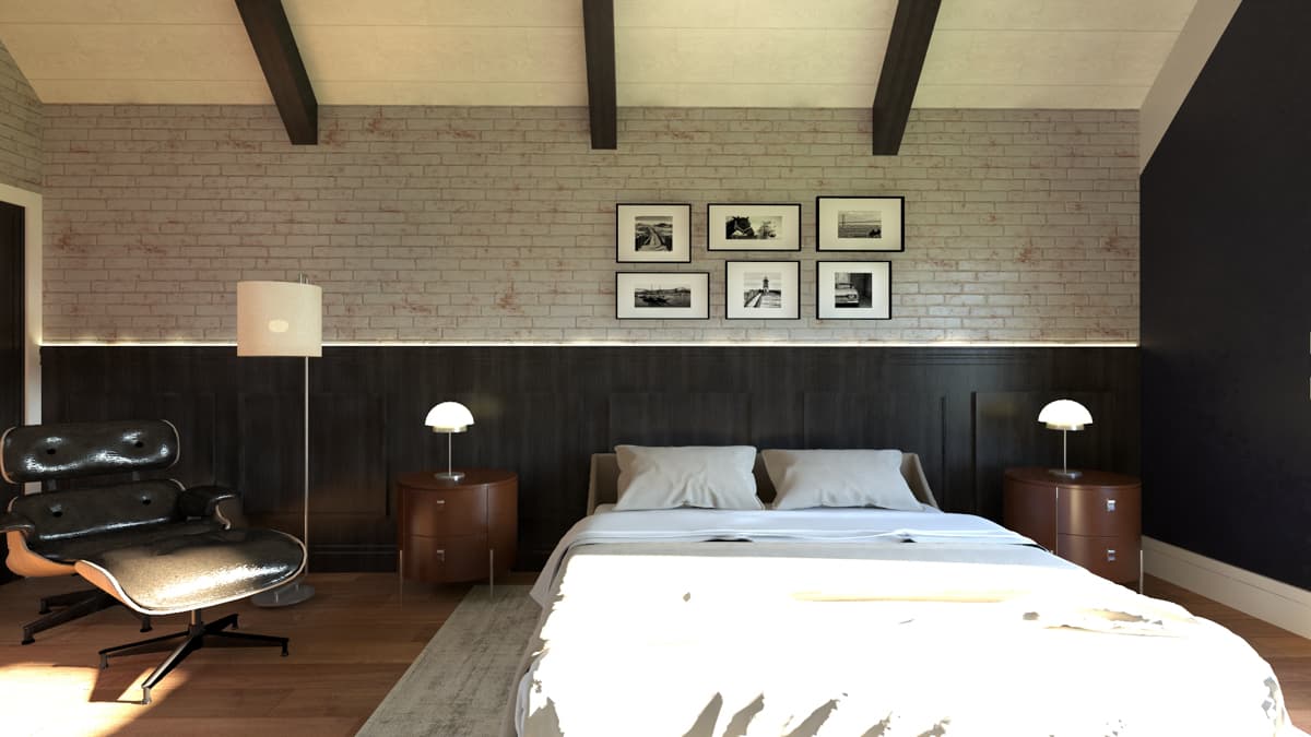 Bedroom with exposed beams, brick accent wall, paneled wainscoting, and a lounge chair.