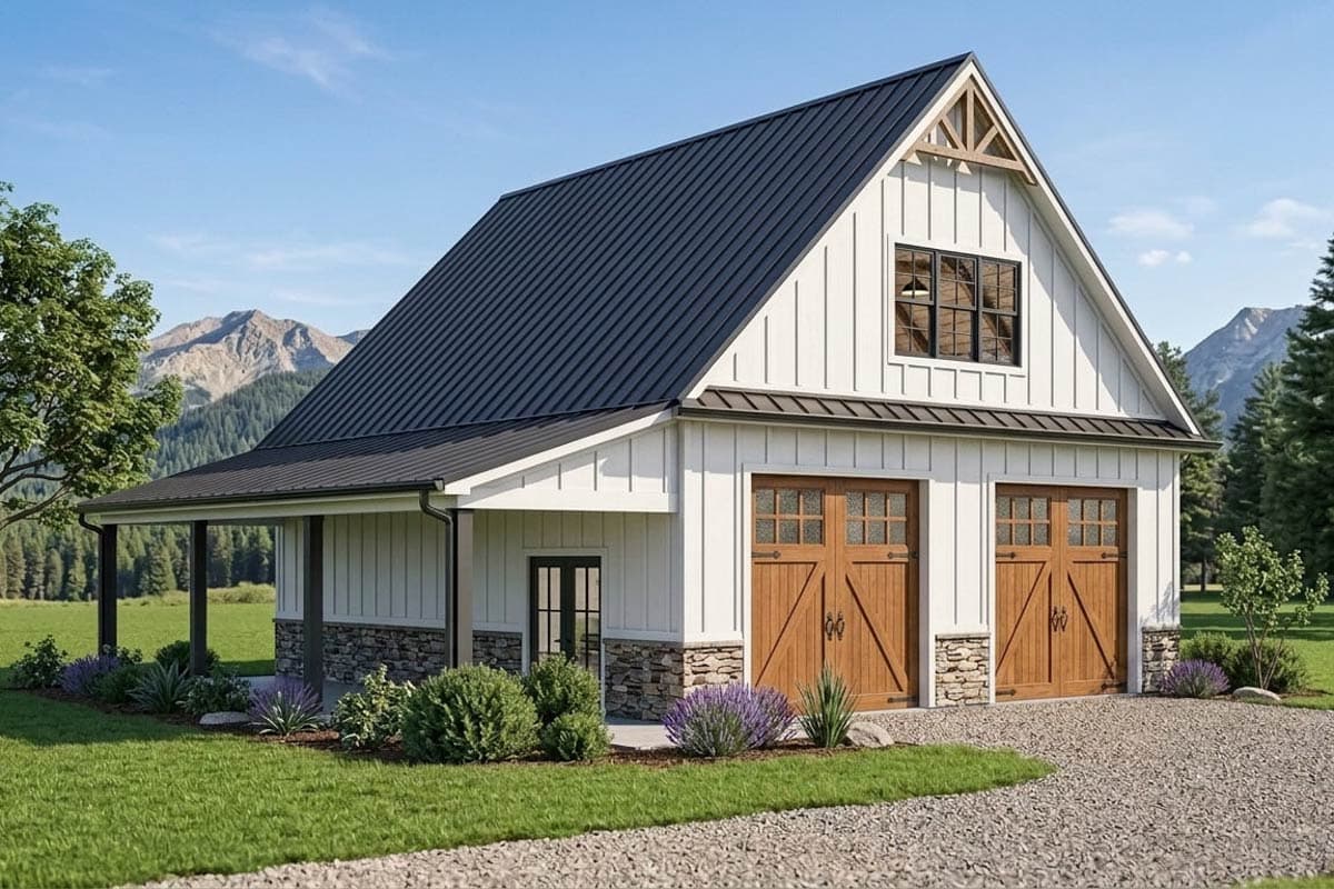 House plan exterior with Craftsman-style elements. Features a two-car garage, porch, and gabled roofline. Includes vertical siding and stone accents.