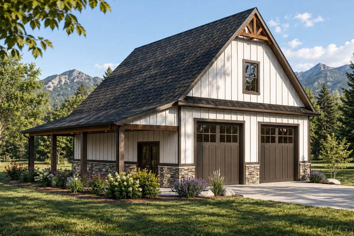 House plan exterior with Craftsman-style elements. Features a two-car garage, porch, and gabled roofline. Includes vertical siding and stone accents.