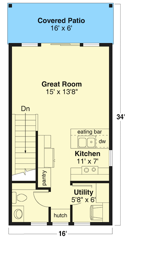Plan 72424DA: Simple 1 Bedroom House Plan for an Up-Sloping Lot - 703 Sq Ft - Floor Plan - Main (Upper) Level - Cabin, Cottage, Traditional