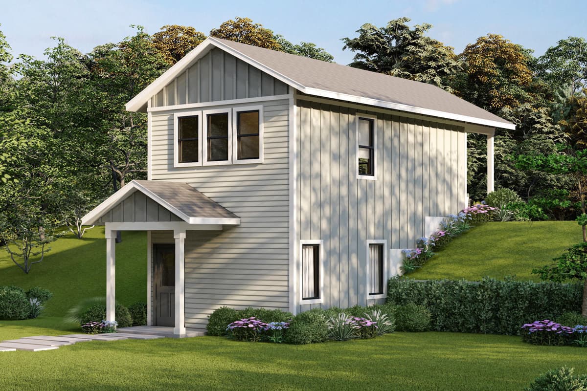House plan exterior. Two-story Modern farmhouse with a gable roof, covered porch, and vertical siding. Features a simple rectangular footprint.