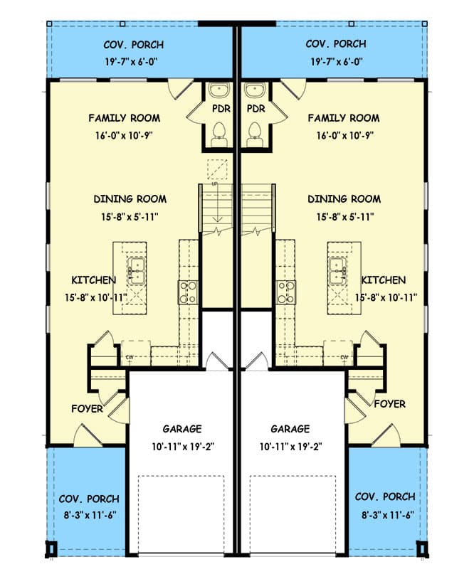 Plan 100332GHR: Two-Story Modern Duplex House Plan with Matching 3-Bedroom Units - 1585 Per Unit - Floor Plan - Main Level - Contemporary, Modern
