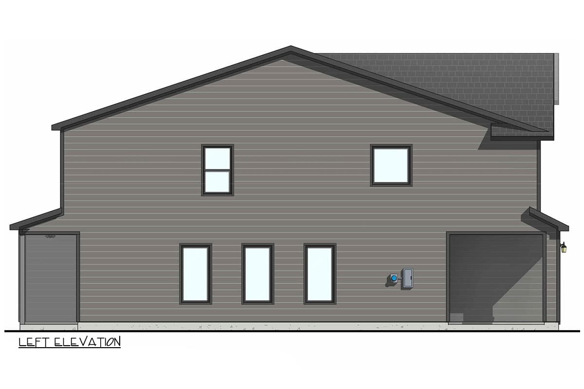 Left elevation house plan showing a two-story home with horizontal siding, two garages, and multiple windows.