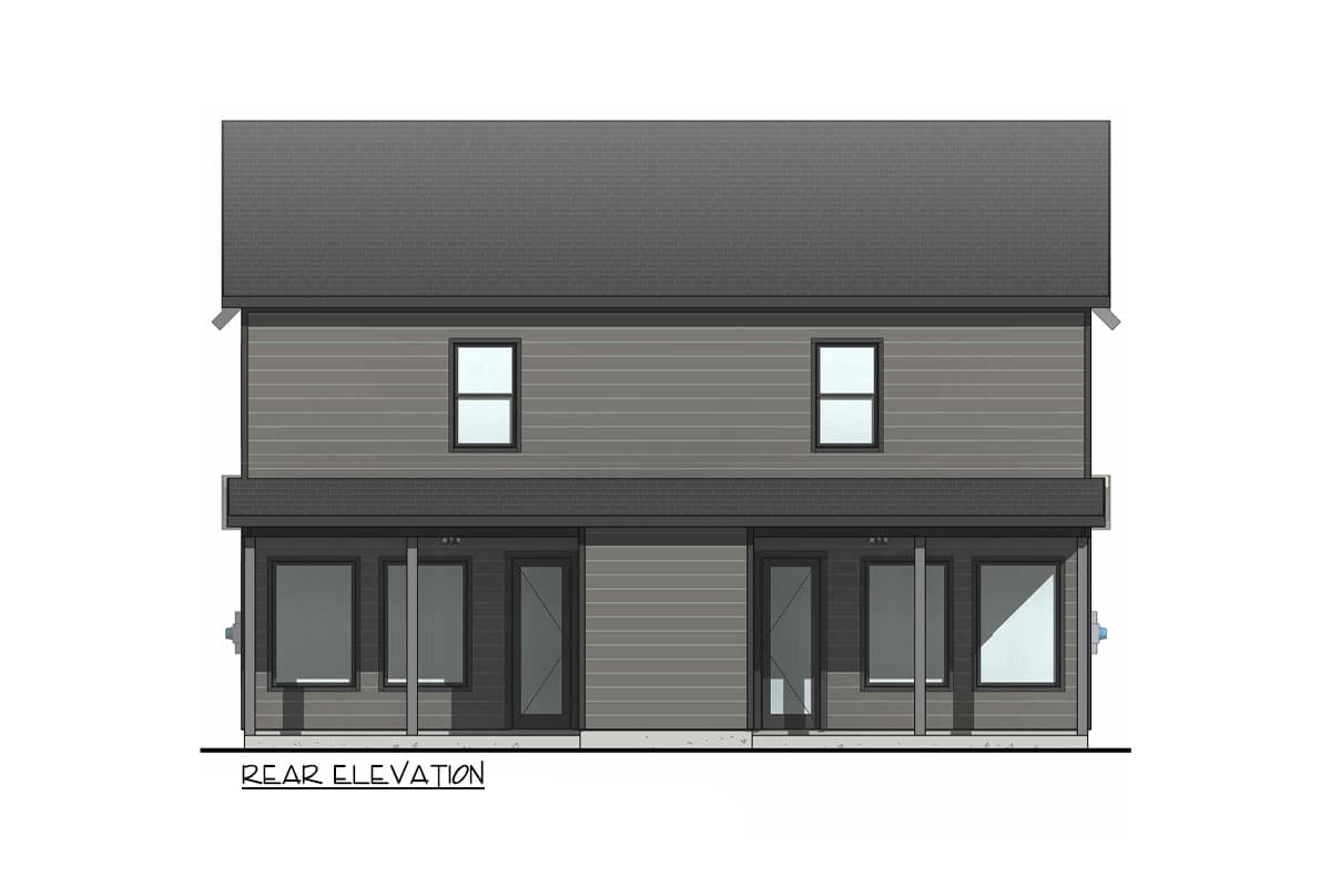 Rear elevation drawing of a two-story house plan with horizontal siding, two upper windows, and a covered porch with large windows and doors.