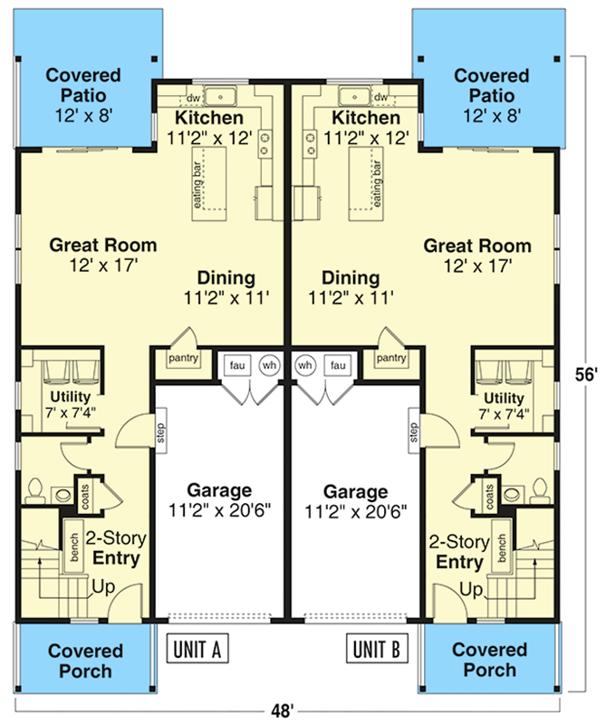 Plan 72428DA: Contemporary Duplex House Plan with Two Story 3 Bedroom Units - 1783 Sq Ft Each - Floor Plan - Main Level - Contemporary, Mid Century Modern, New American