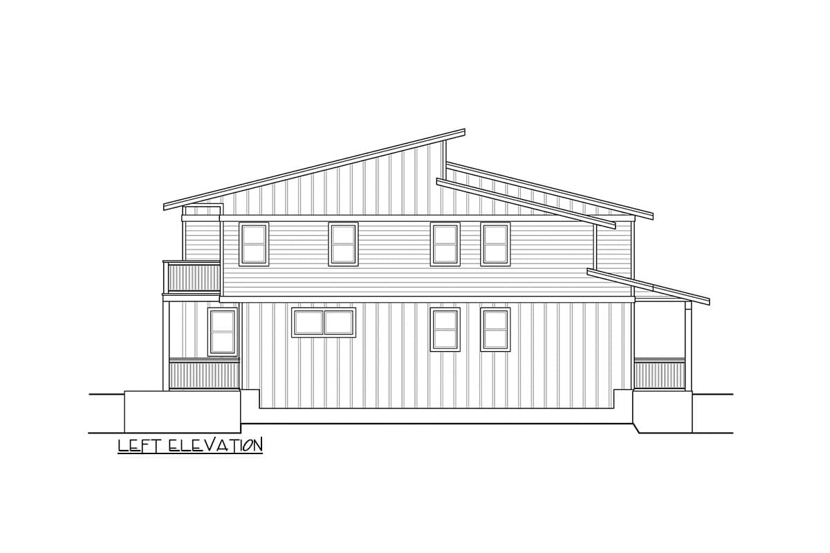 Left elevation drawing of a two-story house plan featuring a sloped roof, multiple windows, and a covered porch.
