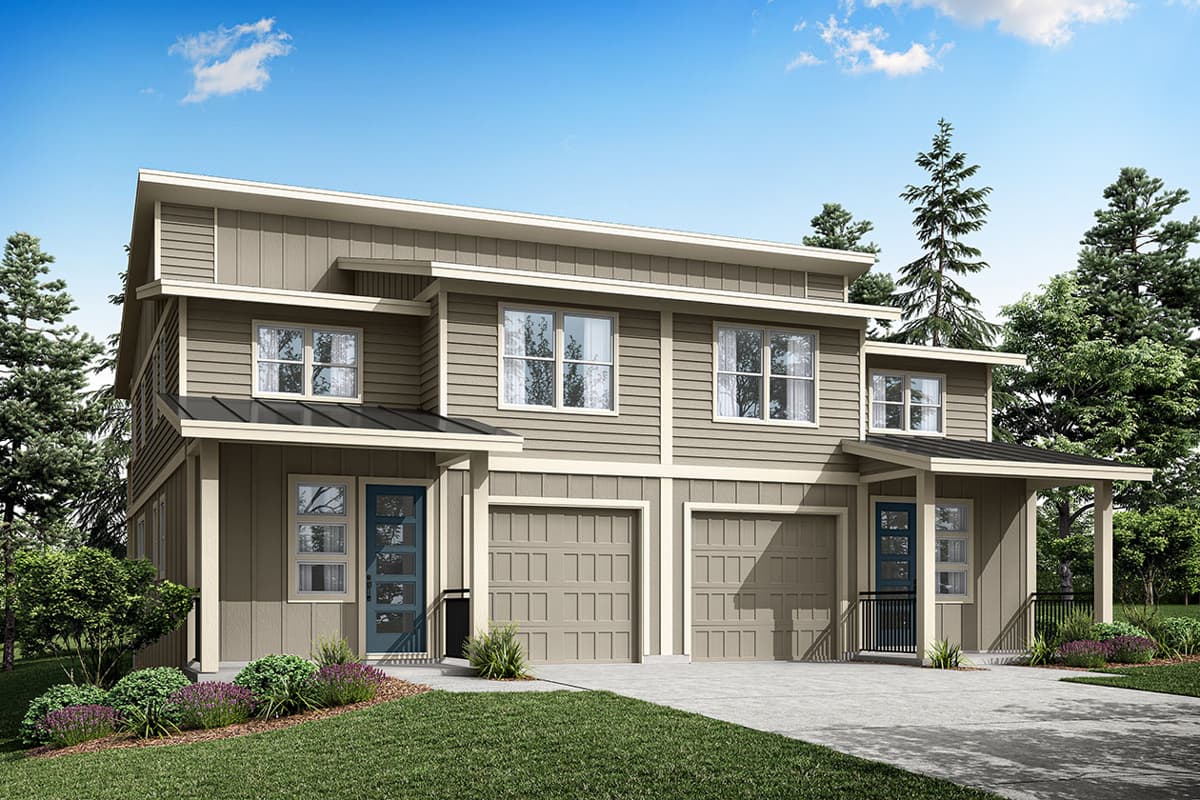 Modern two-story house plan exterior with attached two-car garages, covered entry porches, and flat rooflines.