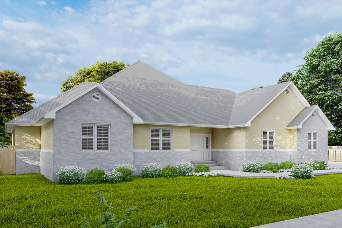 House plan exterior: Single-story home with gabled roof, stone veneer base, and two front-facing gables.