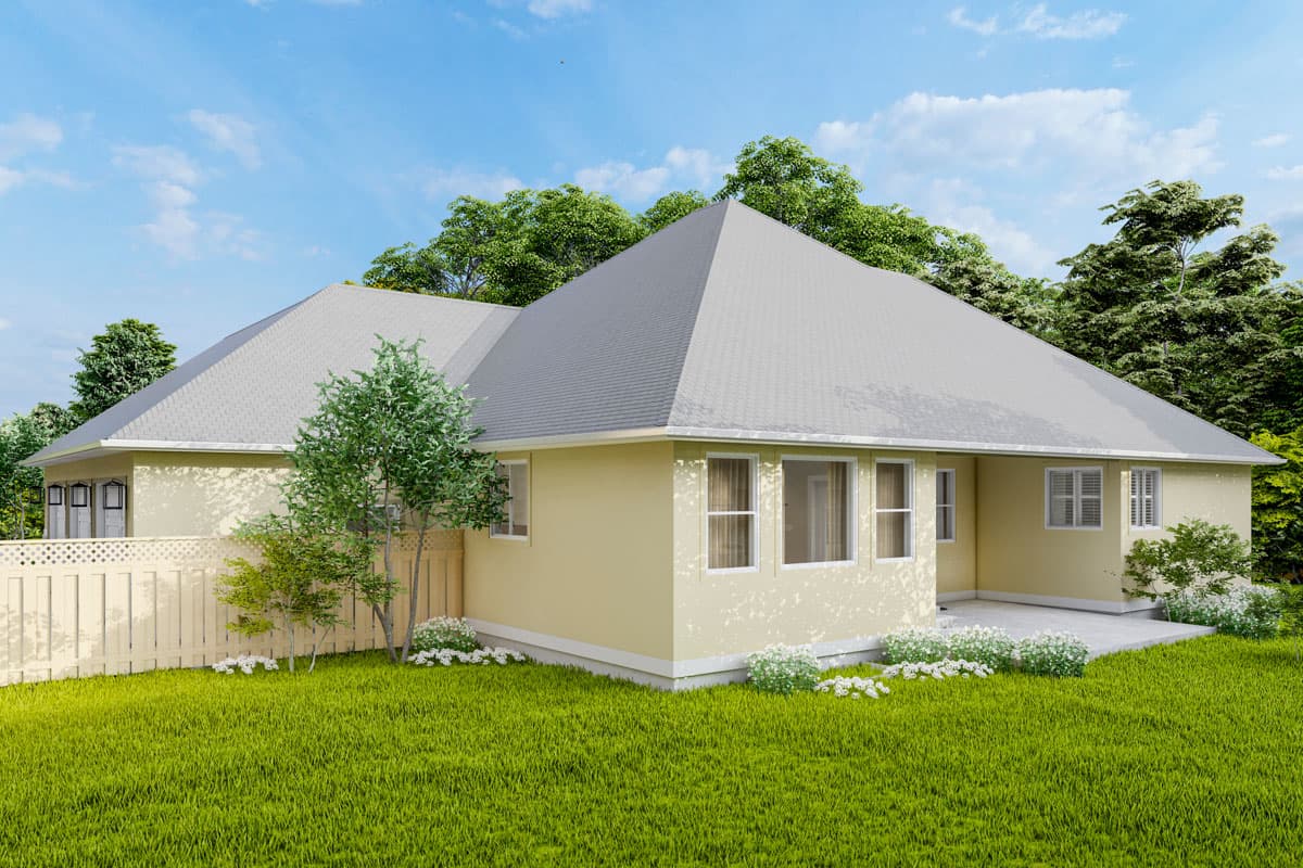 House plan exterior: one-story building with a hip roof, multiple windows, and a patio area.