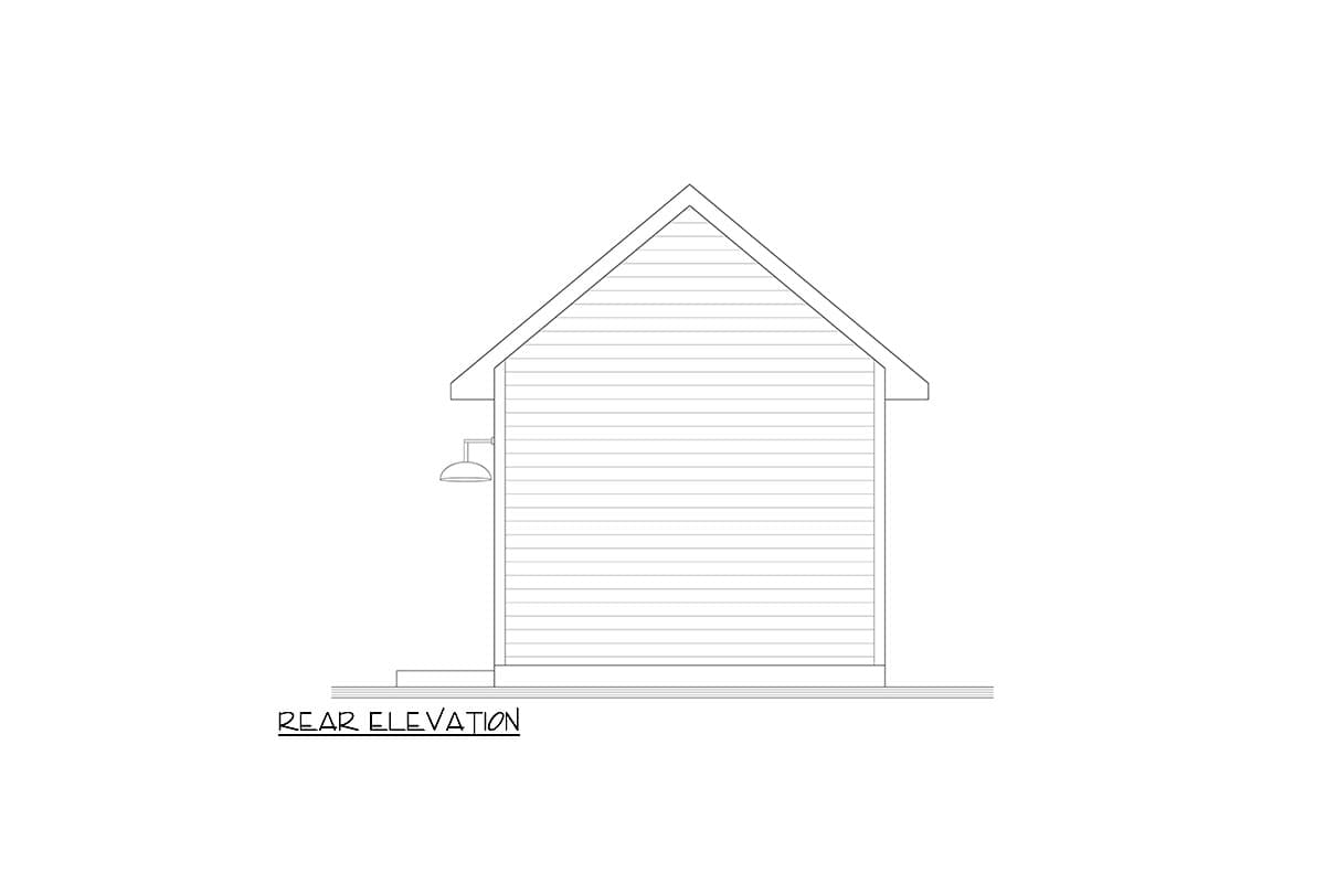 Rear elevation drawing of a house plan, showing horizontal siding, a gable roof, and an exterior light fixture.