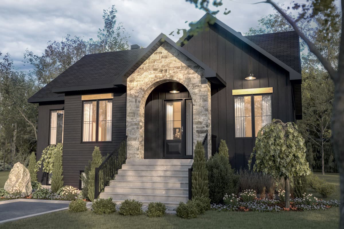 House plan exterior. Two-story home with a stone-arched entry and a gable roof. Features include a front porch and board and batten siding.
