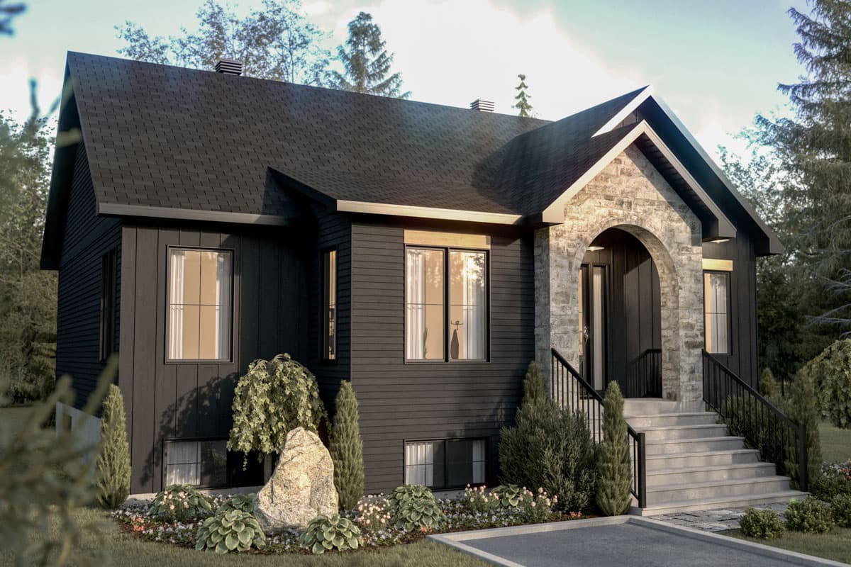 House plan exterior with stone arch entryway, dark siding, gabled roof, and multiple dormers.