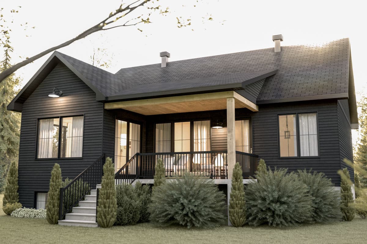 House plan exterior: Modern style, one story, with covered porch, gables, dormers, and prominent rooflines.