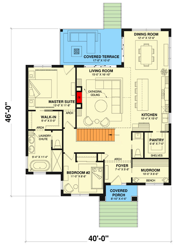 Plan 22694DR: Cottage with Stone Accented Covered Entry and Finished Lower Level with Laundry Chute - 2930 Sq Ft - Floor Plan - Main Level - Cottage, New American