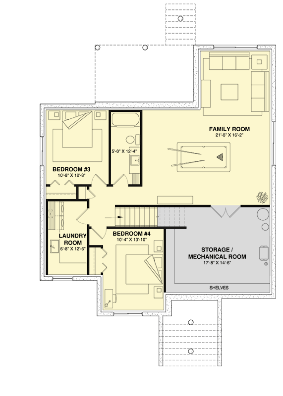 Plan 22694DR: Cottage with Stone Accented Covered Entry and Finished Lower Level with Laundry Chute - 2930 Sq Ft - Floor Plan - Lower Level - Cottage, New American