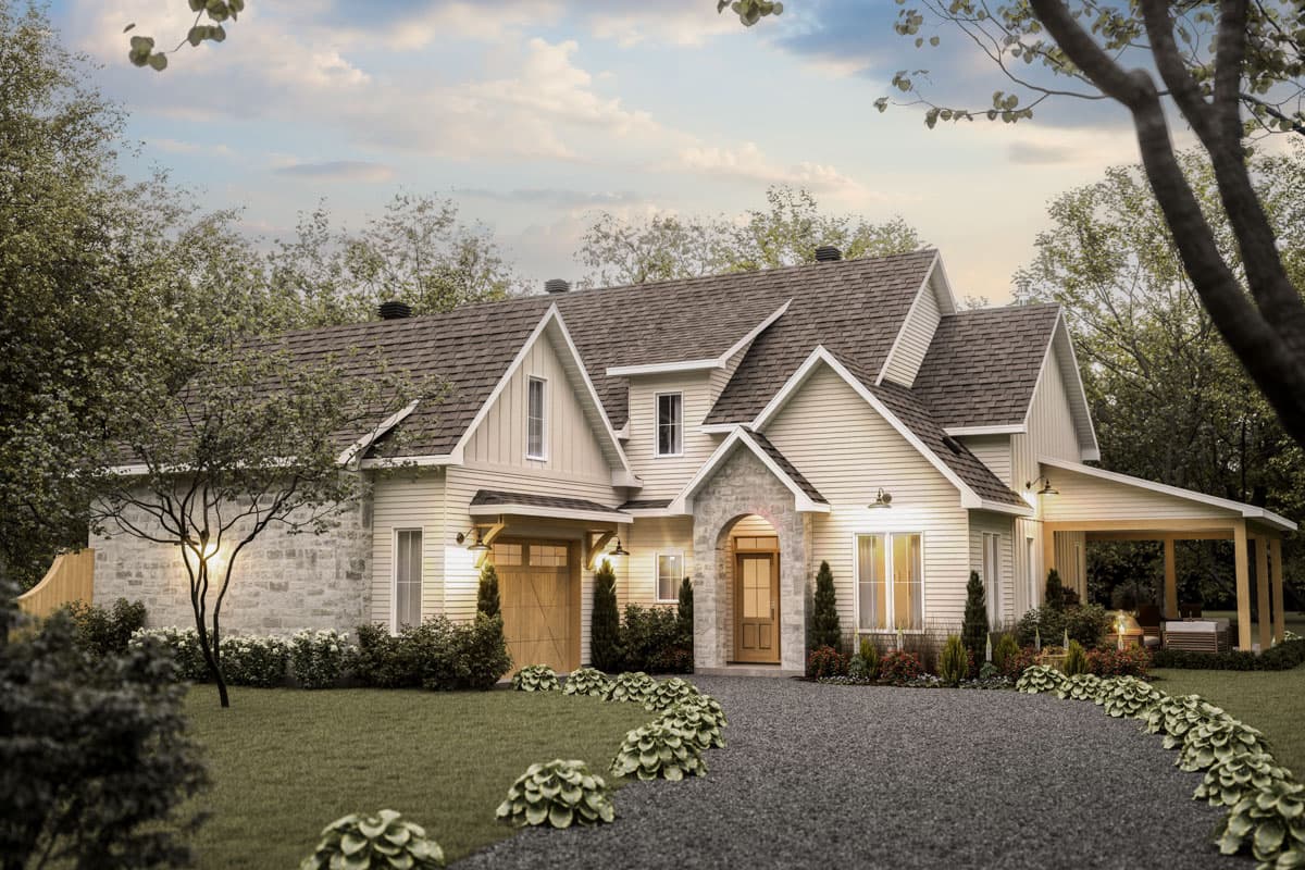House plan exterior. Two-story Modern Farmhouse with gabled roof, stone accents, attached garage, and covered porch.