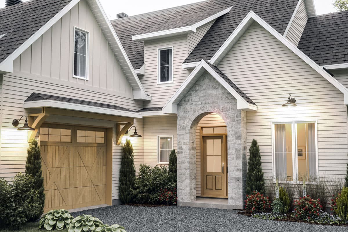 Modern Farmhouse house plan exterior with gabled roof, stone arch entry, and wood garage door.
