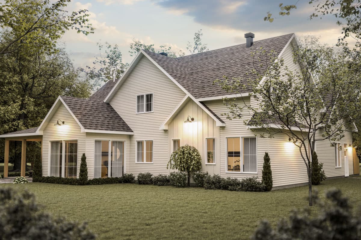 House plan exterior, Modern Farmhouse style, two stories, prominent gables, covered porch, and large windows.