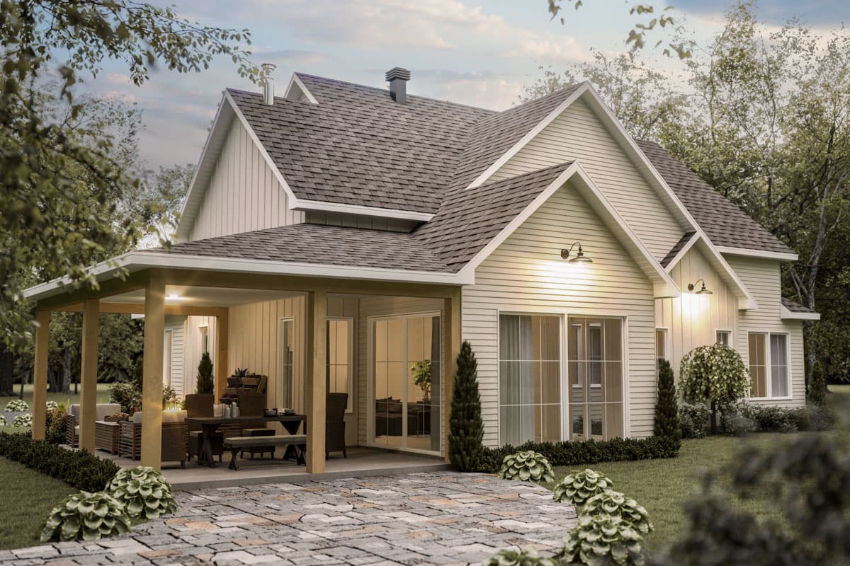 Modern Farmhouse house plan exterior with covered porch, multiple gables, and vertical siding.
