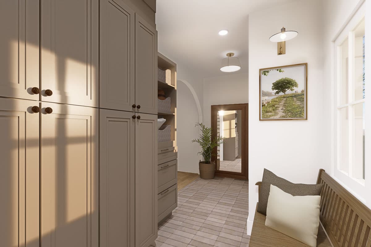 Interior rendering of a hallway with tall cabinets, wood bench, and artwork. Archway leads to another room.