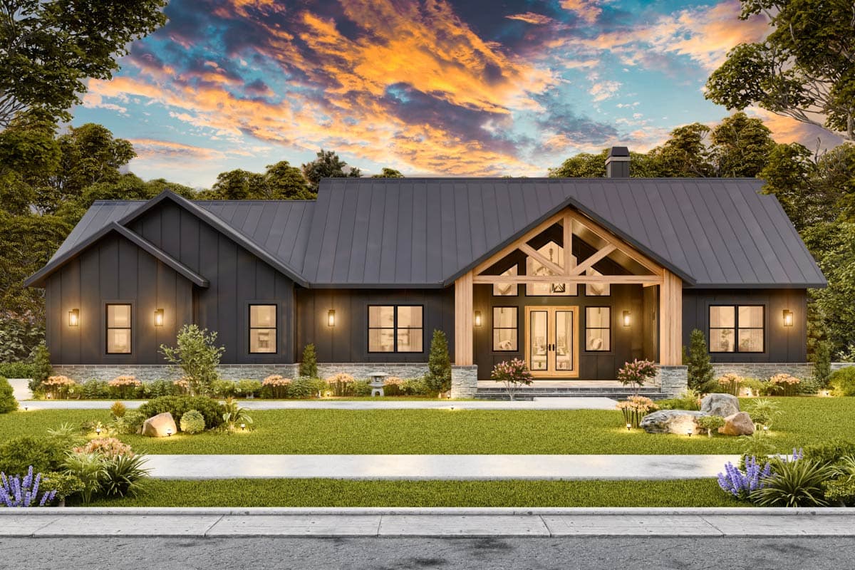 Modern Farmhouse house plan exterior with dark vertical siding, stone base, metal roof, and timber-framed entrance.