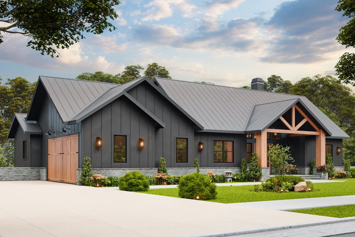 Modern Farmhouse house plan exterior with metal roof, board-and-batten siding, wood garage doors, and exposed timber entryway.