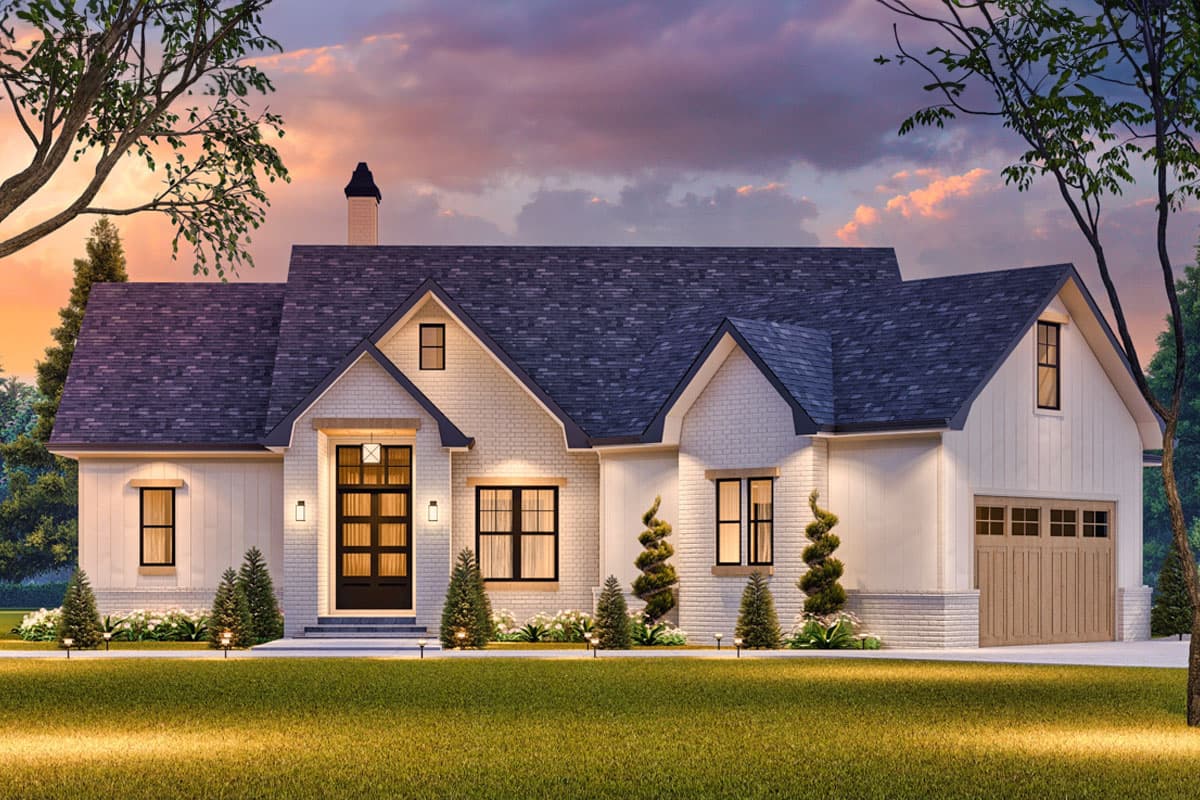 House plan exterior. Modern farmhouse style with gabled roof, two stories, and attached garage. Features include dormers and brick accents.