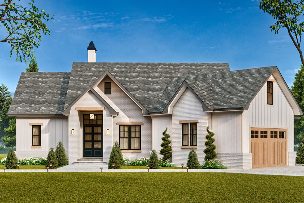Modern Farmhouse house plan exterior with white brick, board and batten siding, prominent gables, and a side-entry garage.