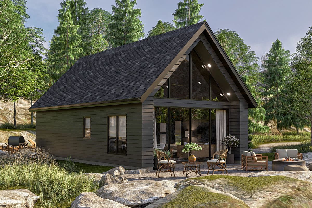 Modern A-frame house plan exterior with large gable windows, dark siding, and prominent roofline.