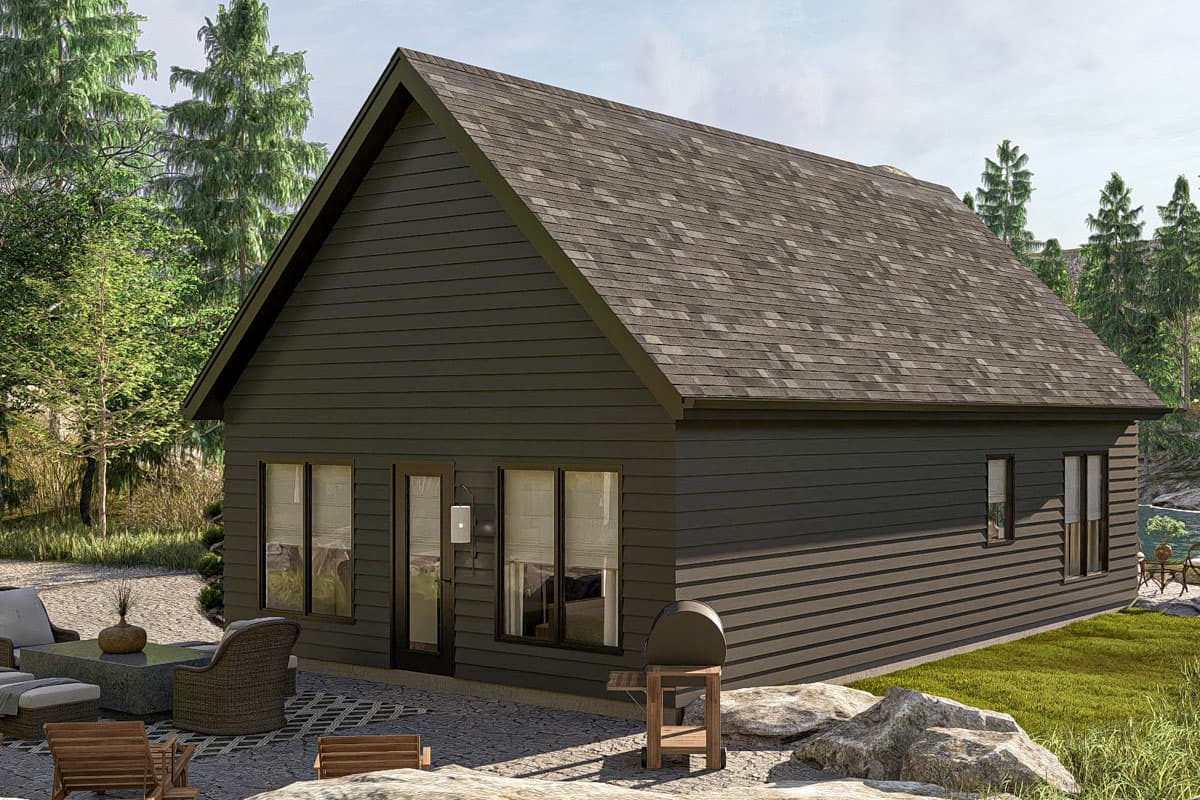House plan exterior: dark-sided one-story structure with gable roof, multiple windows, and a glass door.