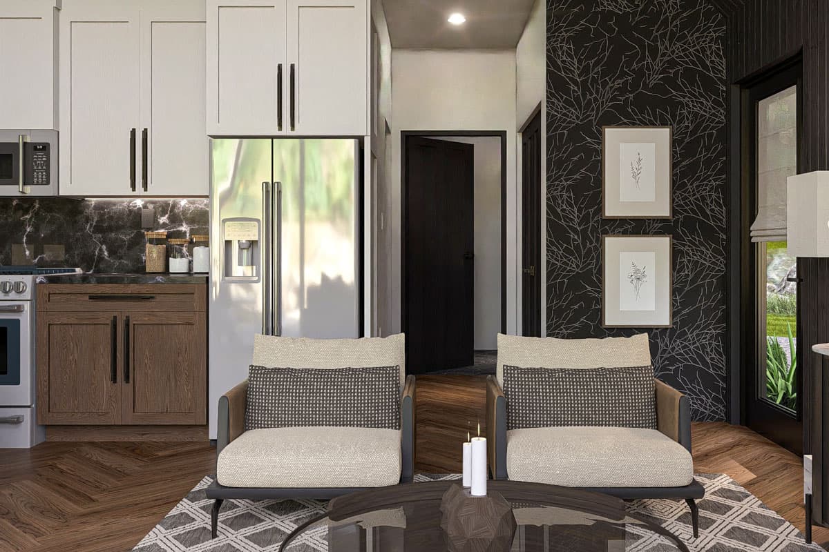 Plan 623405DJ: 1-Bed Modern ADU House Plan with Cathedral Ceilings - 654 Sq Ft  - Image #15 - Cabin, Cottage, Vacation