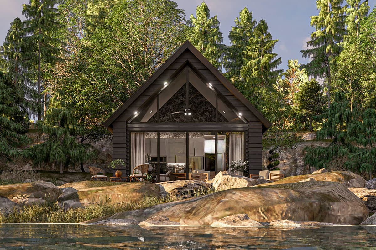 Plan 623405DJ: 1-Bed Modern ADU House Plan with Cathedral Ceilings - 654 Sq Ft  - Image #7 - Cabin, Cottage, Vacation