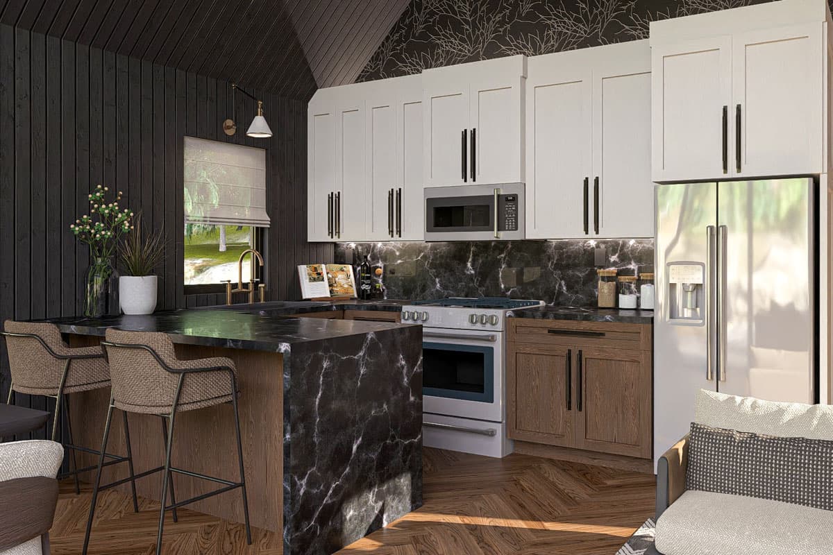 Plan 623405DJ: 1-Bed Modern ADU House Plan with Cathedral Ceilings - 654 Sq Ft  - Image #12 - Cabin, Cottage, Vacation